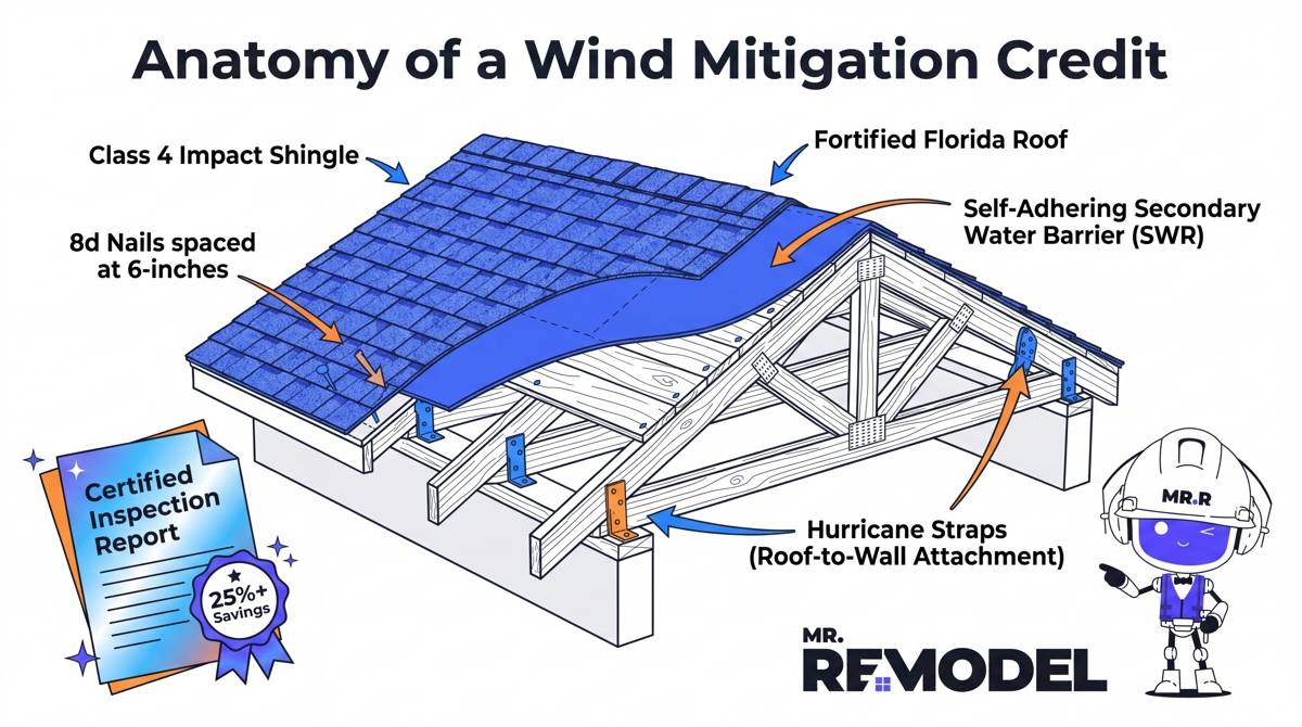 A visual blueprint of a 2026 code-compliant Florida roof, specifically highlighting the technical components required to trigger maximum insurance savings. It points directly to the secondary water barrier, specific nailing patterns, and roof-to-wall attachments mentioned in the FEMA Fact Sheet data.